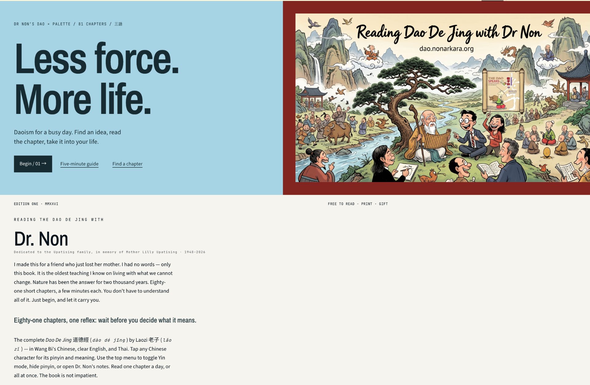 Side-by-side thumbnail: D2 'Less force. More life.' (modern illustrated reader, sky-blue) and D1 'Reading the Dao De Jing with Dr Non' (classic archive, deep-red framed illustration with monks and scrolls)
